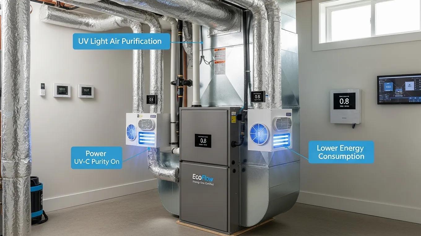 Energy-efficient HVAC system with UV light air purifiers reducing energy consumption
