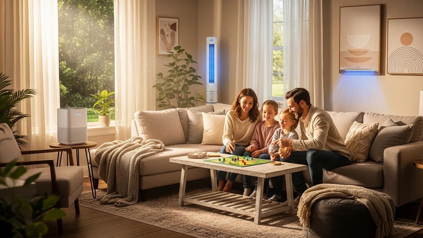 Family enjoying a healthy indoor environment with UV light air purifiers