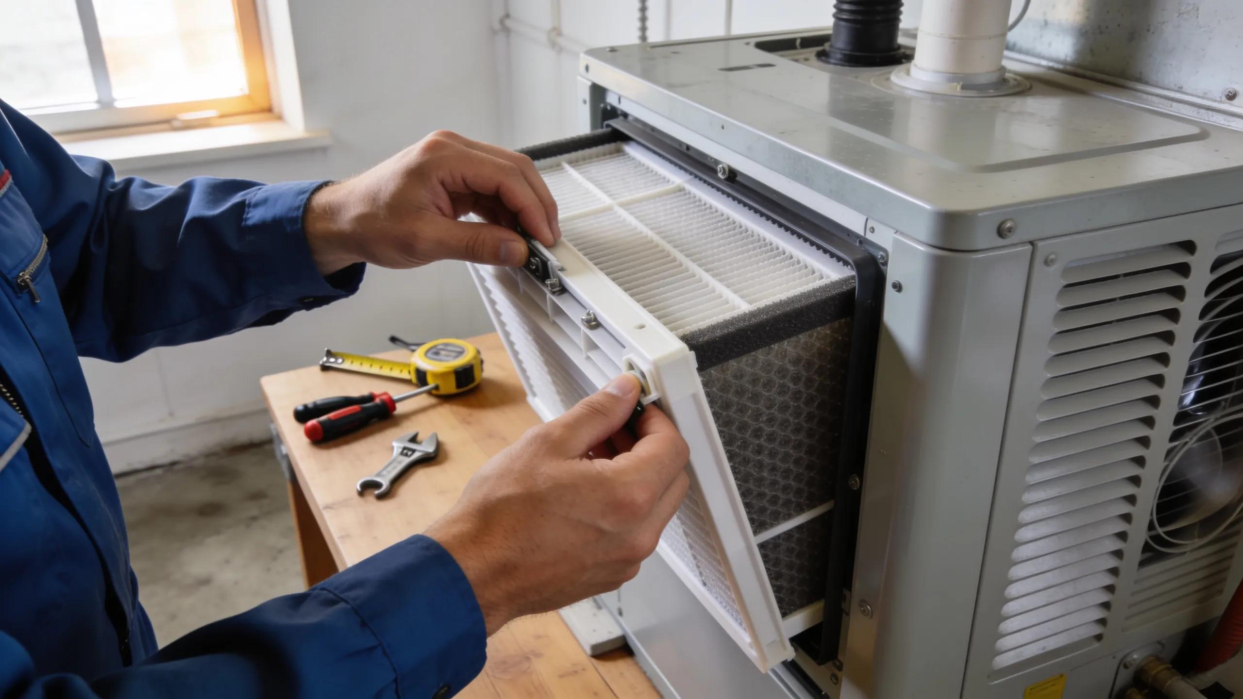 Professional installing an air filtration system in a home HVAC setup